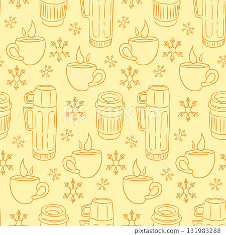 Seamless pattern with coffee cups, mugs, and snowflakes in warm tones, hand drawn in cozy style Seamless pattern with coffee cups, mugs, and snowflakes in warm tones, hand drawn in cozy style 131983288