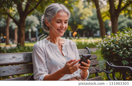 Woman with curly hair is smiling in front of a field of tall grass. The sun is setting in the background, casting a warm glow over the scene. The woman's outfit is colorful and eye-catching Woman with curly hair is smiling in front of a field of tall grass. The sun is setting in the background, casting a warm glow over the scene. The woman's outfit is colorful and eye-catching 131983303