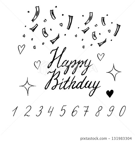 Stylish black and white engraved-style holiday decor elements. Lettering, numbers, and confetti for festive designs of cards, invitations, and birthday party decorations. 131983304