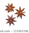 Star anise fruits and seeds, on white background. Illicium verum, also known as badian, Chinese star anise, or star aniseed, a spice that closely resembles anise in flavor. Close-up, from above. Photo 131983396
