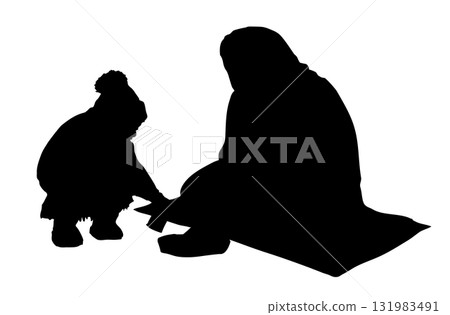 Vector Drawing. Girl Giving Alms to a Beggar 131983491