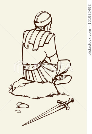 Vector drawing. Old roman Soldier resting on the stone Vector drawing. Old roman Soldier resting on the stone 131983498