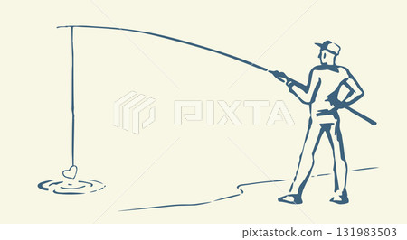 Vector drawing. Man catching fish 131983503