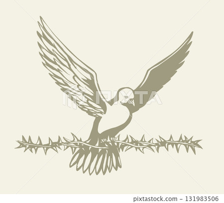 Vector drawing. Dove with thorn in the sky 131983506