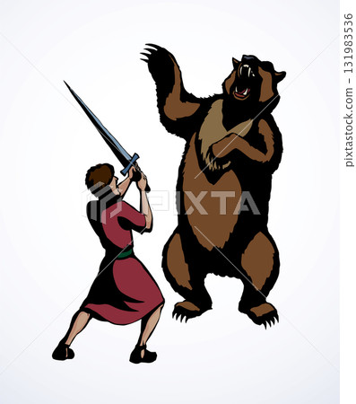Vector drawing. An angry bear attacking man Vector drawing. An angry bear attacking man 131983536