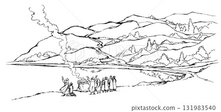Vector image. Summer landscape with a river flowing among the hills Vector image. Summer landscape with a river flowing among the hills 131983540