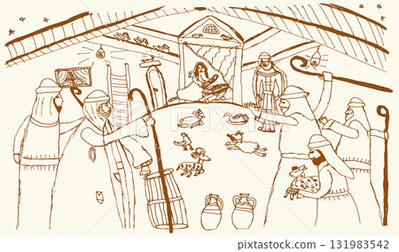 Vector drawing. Men greeting Mary in the barn 131983542