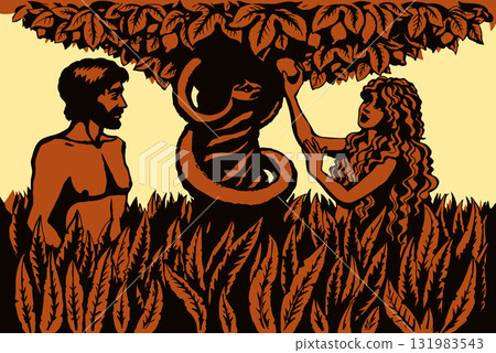 Vector drawing. Adam and Eve at the tree Vector drawing. Adam and Eve at the tree 131983543