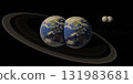 Conceptual illustration of Dual Earth planet with a prominent ring system encircling the planet along its equatorial plane. 131983681