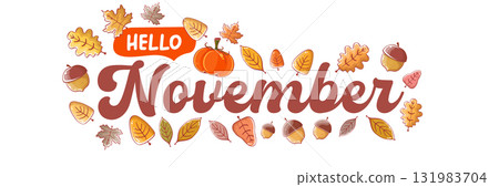 Hello November text with pumpkin and autumn leaves isolated on transparent background. Hello November lettering sticker png, label png, banner, quote, poster design template 131983704