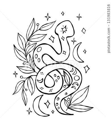 Outline Mystical snake with Moon and Plants. Textured Hand Drawn Doodle. Sketch for Halloween design, symbolizing magic and transformation. Vector Illustration. Not AI 131983816