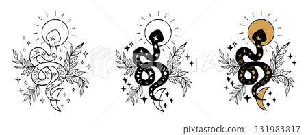 Mystical Snake with Sun, Moon and Plants Set. Isolated Outline Black, gold Textured Hand Drawings. Vector Illustration. Not AI 131983817