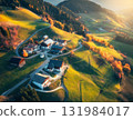 Aerial view of amazing green alpine meadows, orange trees, hills 131984017