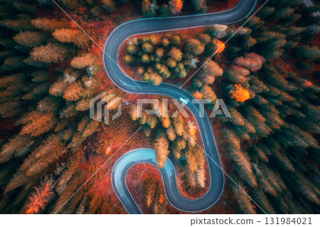 Aerial view of winding serpentine road in colorful autumn forest Aerial view of winding serpentine road in colorful autumn forest 131984021