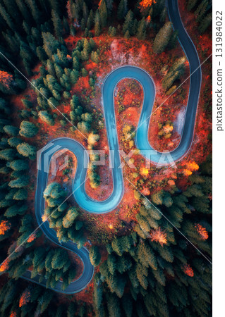 Aerial view of winding serpentine road in colorful autumn forest 131984022
