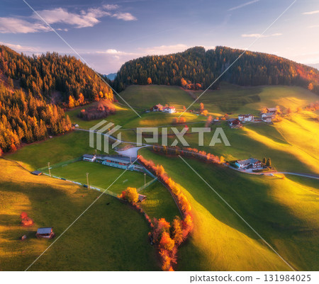 Aerial view of green alpine valley at sunset with villages 131984025