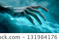 Human hand immersed in glowing blue water, futuristic concept of energy flow and healing 131984176