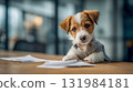 Adorable puppy in a striped shirt sits at a conference table with papers and a pen, cute business office concept 131984181
