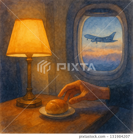 飛機窗外的黃昏航線　機上燈光與麵包的靜謐時刻水彩畫 131984207