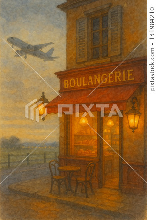 法式麵包店與飛機掠過的黃昏街角　浪漫歐風水彩畫 131984210