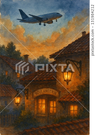 黃昏下的麵包香與飛機聲　歐風村落水彩畫 131984212