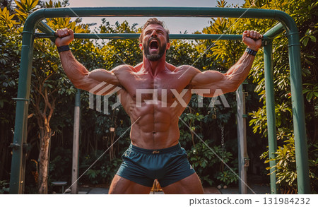 Woman walks on a beach with palm trees in the background. The sky is cloudy, but the ocean is calm. The woman is wearing a bikini and she is enjoying her time at the beach 131984232