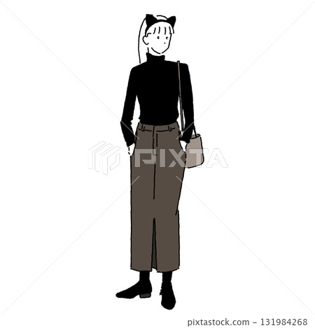 戴著黑貓頭帶的女性插畫（休閒服裝/萬聖節時尚） 131984268