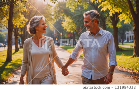 Man and woman are running together on a path in a forest. The man is wearing a blue shirt and shorts, while the woman is wearing a pink tank top and black pants. Scene is energetic and active 131984338
