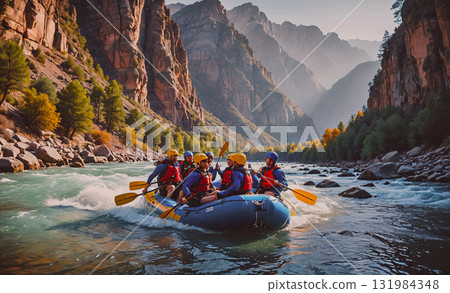 Woman is standing on a path in the woods, looking out at the mountains. The sun is shining brightly, casting a warm glow over the scene. The woman is enjoying the beautiful view and taking in the 131984348