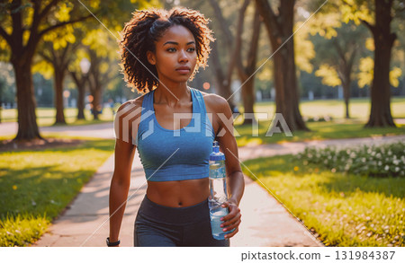 Young girl is standing in front of a wooden door with her hand on it. She has a blue shirt on and is looking at the camera 131984387