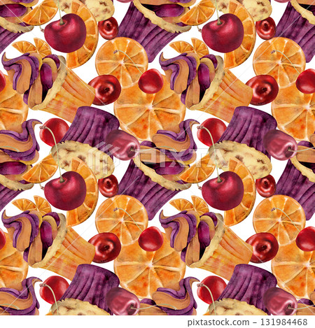 Orange and cherry mousse swirl on cupcakes, muffins with citrus and berry, hand painted. in watercolor. Isolated illustration for food seamless textures, digital backgrounds, product pattern prints. 131984468