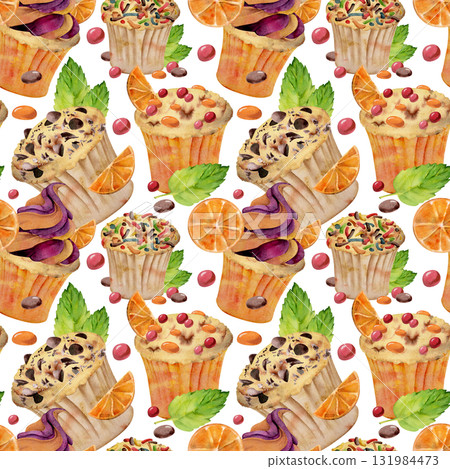Citrus, chocolate and mint cupcake, orange candy icing on muffins pastry hand painted in watercolor. Isolated seamless pattern for culinary kits, food-themed stickers, party invites, kitchen labels. 131984473