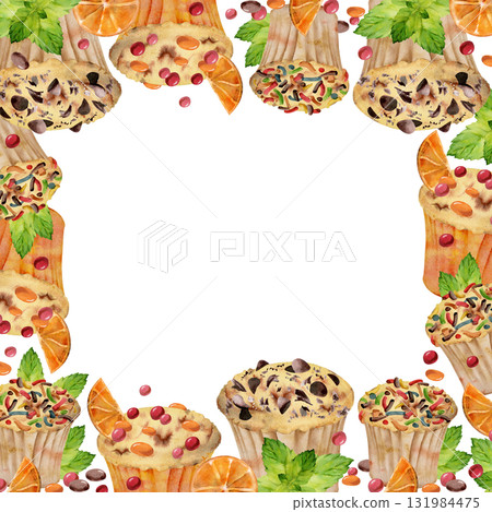 Frosted cupcake with mint sprig, chocolate dragee and sugar sprinkles icing on muffins in watercolor. Hand painted for decorative frames, bakery tag borders, cafe or fest menu, edible-themed corners. 131984475