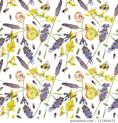 Lavender stems, seeds and butterflies, garden snails in Provence shabby chic seamless pattern. Isolated illustration hand drawn in watercolor. DIY paper crafts, stickers, organic beauty packaging. 131984478