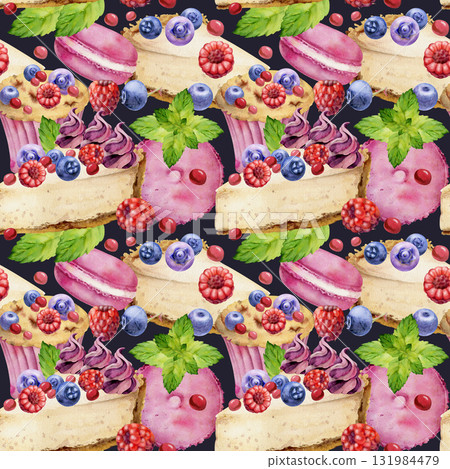 Cheesecake, souffle cake, mint leaves and berries garnish, raspberry and blueberry macaron hand painted in watercolor, isolated on dark. Seamless print template, wrapping sets, food-themed design kits Cheesecake, souffle cake, mint leaves and berries garnish, raspberry and blueberry macaron hand painted in watercolor, isolated on dark. Seamless print template, wrapping sets, food-themed design kits 131984479