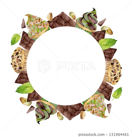 Cupcake, baked muffin with chocolate bar chips and mint leaves, pistachio nuts topping on mousse swirl. Hand painted isolated wreath illustration. Frame for party menu, handmade master class invites 131984481