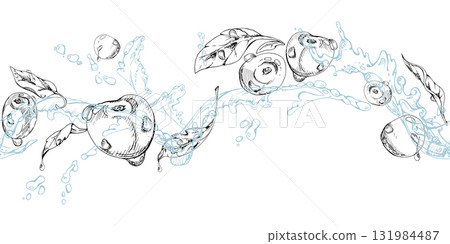 Sweet sour cherry cerise flying in water splashes with drops, hand drawn vector ink, ripe line garden berry and leaves. Seamless banner illustration for restaurant cafe menu, farmers market, wedding 131984487