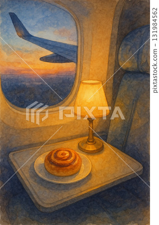 飛機窗邊的夕陽與肉桂捲 暖光機艙水彩插畫 飛機窗邊的夕陽與肉桂捲 暖光機艙水彩插畫 131984562