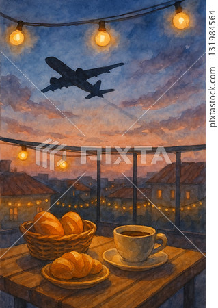 黃昏陽台的咖啡與麵包　飛機掠過的水彩時光 131984564