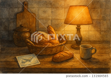 燈下的麵包香與旅行夢　溫暖水彩插畫 131984565