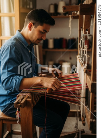 Male textile artist weaving colorful striped fabric on a traditional wooden loom. Focused craftsman at work in his studio. Handmade production and small business concept 131984779