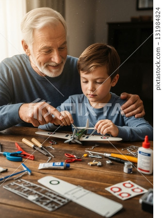 Senior grandfather helping his grandson build a model airplane at a table. Man and boy working on a plastic scale model kit as a shared hobby. Intergenerational family bonding and learning concept Senior grandfather helping his grandson build a model airplane at a table. Man and boy working on a plastic scale model kit as a shared hobby. Intergenerational family bonding and learning concept 131984824