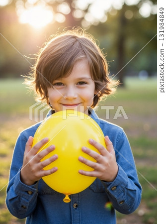 Happy young boy holding a yellow balloon outdoors. Close-up portrait of a smiling child in a park during golden hour. Childhood innocence and joy concept 131984849