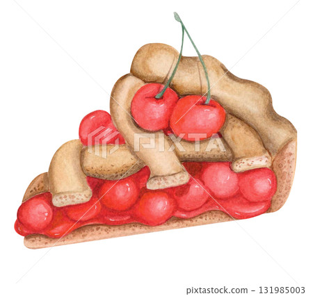 Cherry pie slice watercolor illustration 131985003