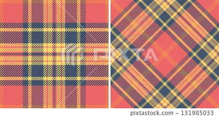 Seamless pattern featuring a classic tartan design. Warm color palette with red, yellow and blue shades. Ideal for textile, fashion, or background design projects. Seamless pattern featuring a classic tartan design. Warm color palette with red, yellow and blue shades. Ideal for textile, fashion, or background design projects. 131985033
