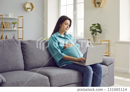 Young pregnant woman working from home, sitting on sofa, and using laptop computer 131985114