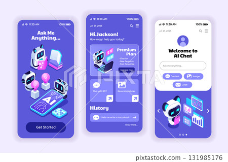 Mobile App Interface Design Featuring AI Robots in Isometric Cartoon Style Mobile App Interface Design Featuring AI Robots in Isometric Cartoon Style 131985176