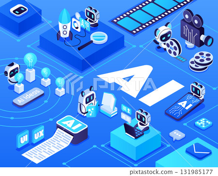 Layered AI environment composition with robots and visual elements Layered AI environment composition with robots and visual elements 131985177