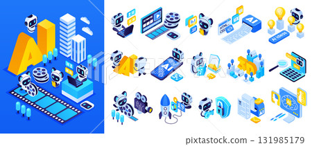 Collection of isometric AI icons paired with detailed scenes 131985179