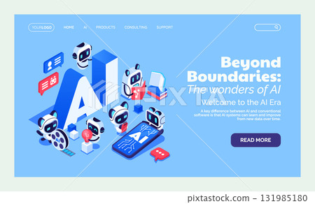 Landing page visual with AI robots and interface layout 131985180
